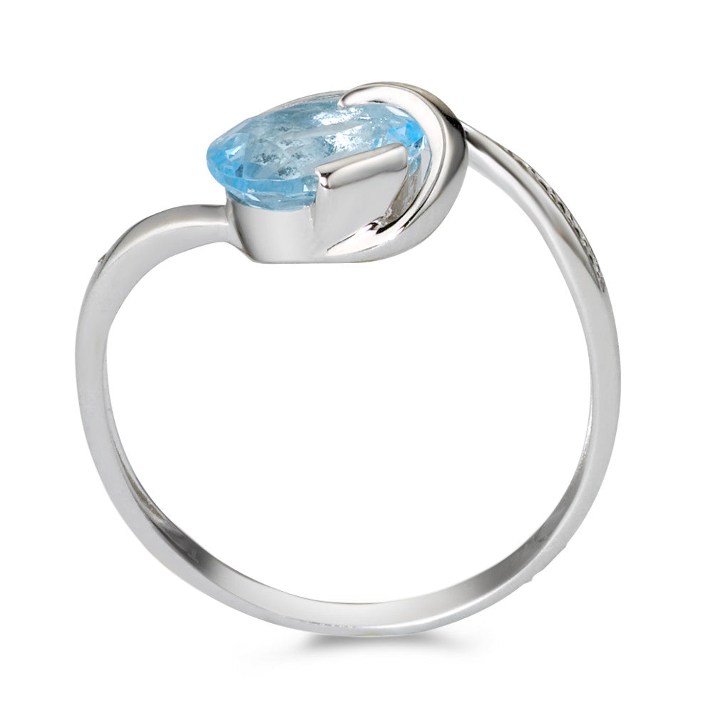 Fingerring 750/18 K Weissgold Topas blau, oval, Diamant weiss, 0.005 ct, w-si