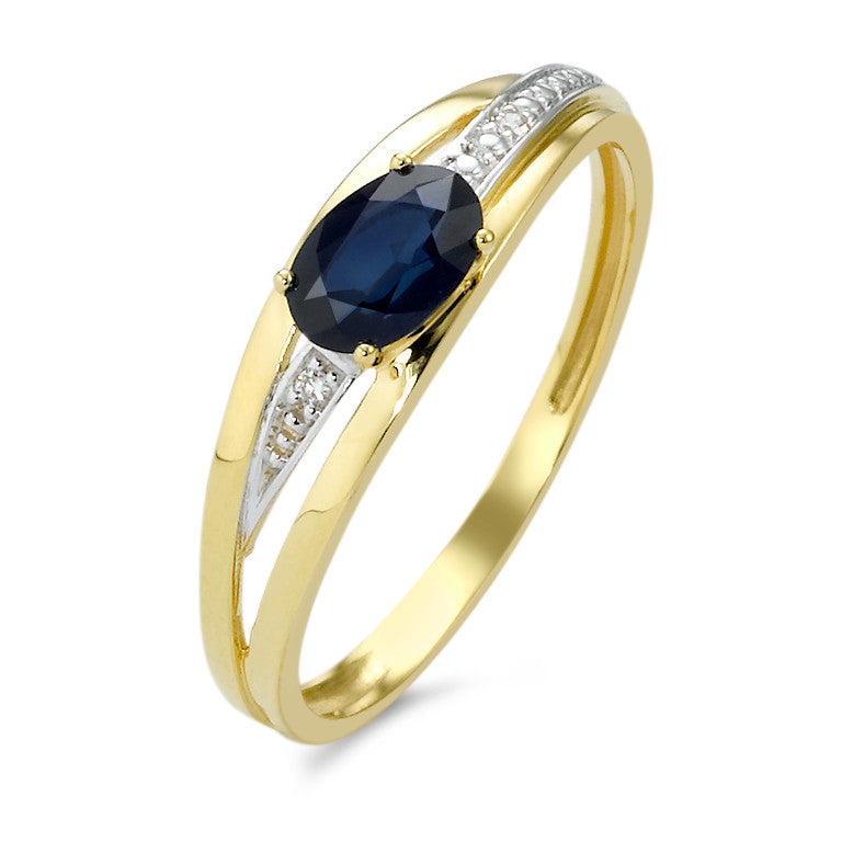 Fingerring 750/18 K Gelbgold Saphir blau, oval, Diamant weiss, 0.01 ct