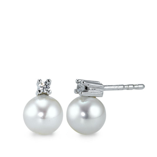 Clous d'oreilles Or blanc 9K Zircone 2 Pierres perle d'eau douce