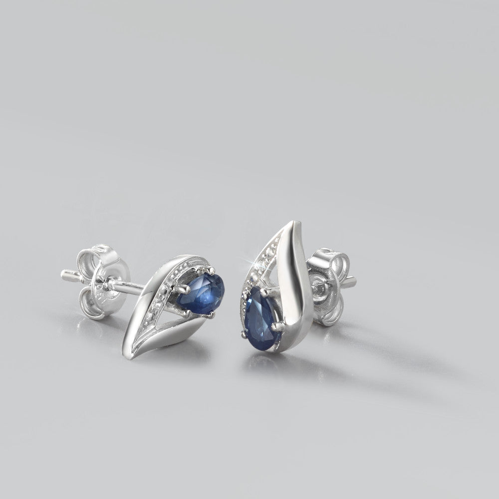 Clous d'oreilles Or blanc 18K Saphir bleu, 2 Pierres, goutte, Diamant blanc, 0.01 ct, w-pi1