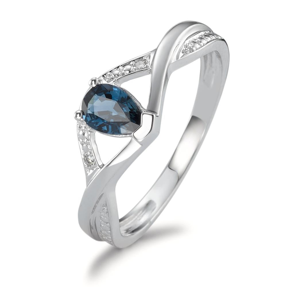 Bague Or blanc 18K Saphir bleu, goutte, Diamant 0.01 ct, 2 Pierres