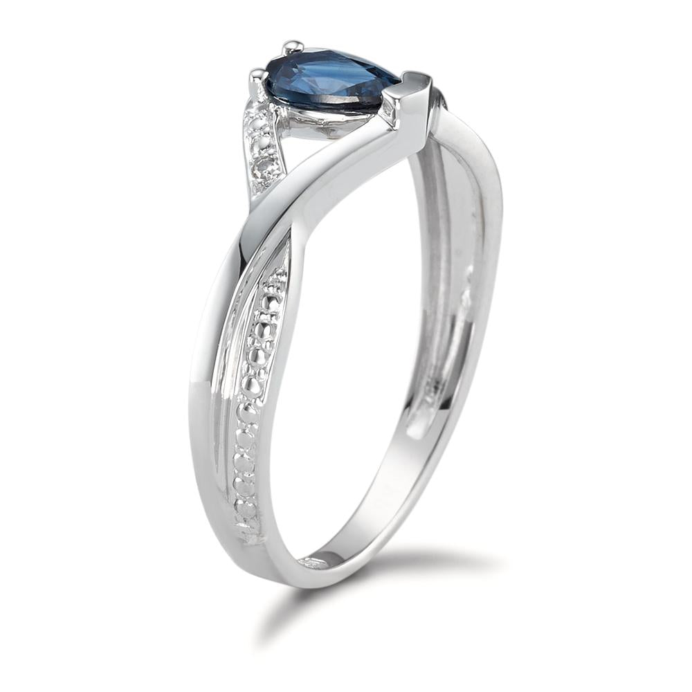 Bague Or blanc 18K Saphir bleu, goutte, Diamant 0.01 ct, 2 Pierres