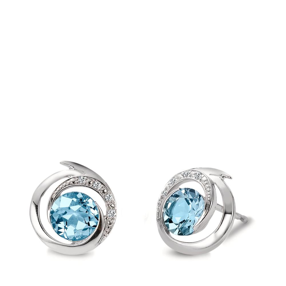 Clous d'oreilles Or blanc 18K Topaze bleu, 2 Pierres, Diamant blanc, 0.03 ct, 6 Pierres, brillant, w-si Ø11 mm