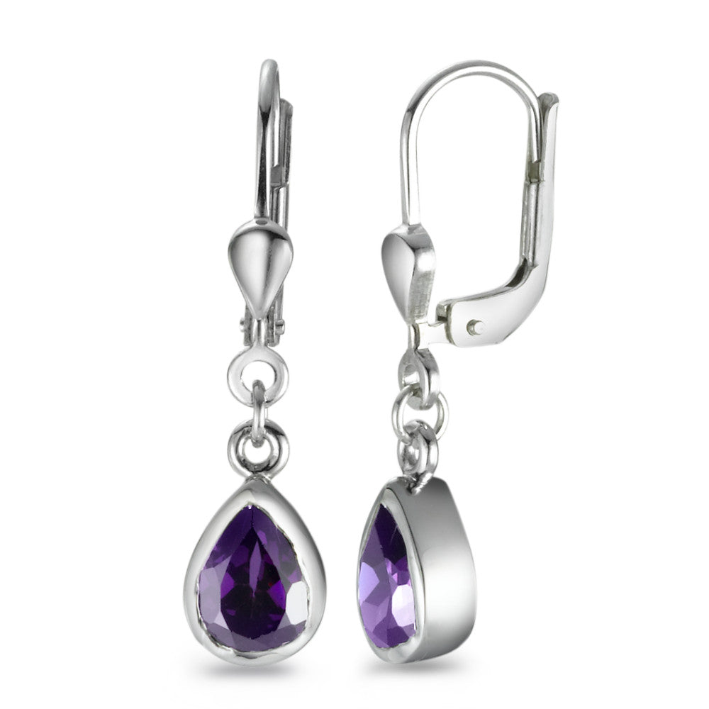 Drop Earrings Silver Zirconia Violet, 2 Stones Rhodium plated