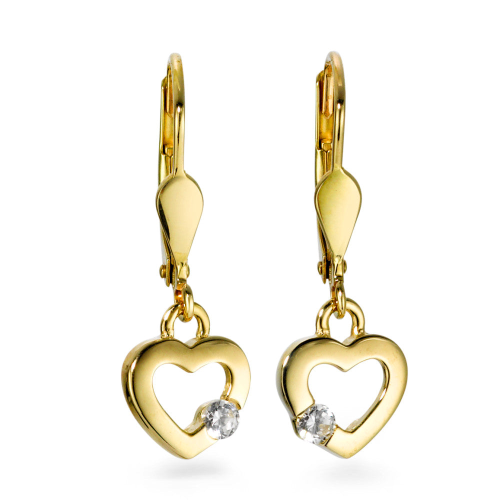 Pendant d'oreilles Or jaune 9K Zircone 2 Pierres Coeur