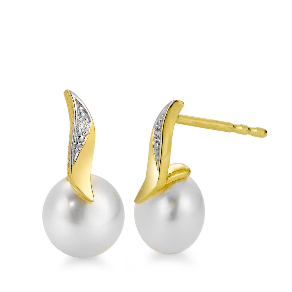 Clous d'oreilles Or jaune 18K Diamant blanc, 0.10 ct, 2 Pierres, brillant, w-si perle d'eau douce