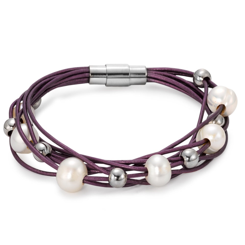 Bracelet Stainless steel, Leather Freshwater pearl 19 cm