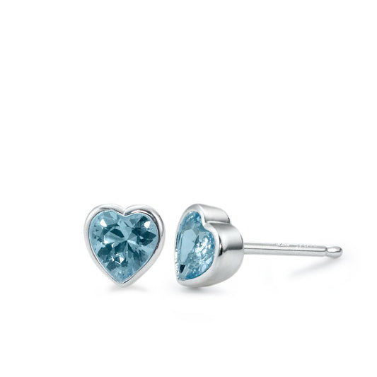 Clous d'oreilles Argent [synth. Aquamarin] bleu, 2 Pierres Coeur Ø6 mm