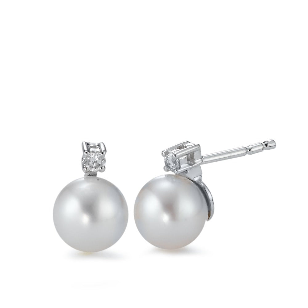 Clous d'oreilles Or blanc 18K Diamant 0.05 ct, 2 Pierres, w-si perle d'eau douce