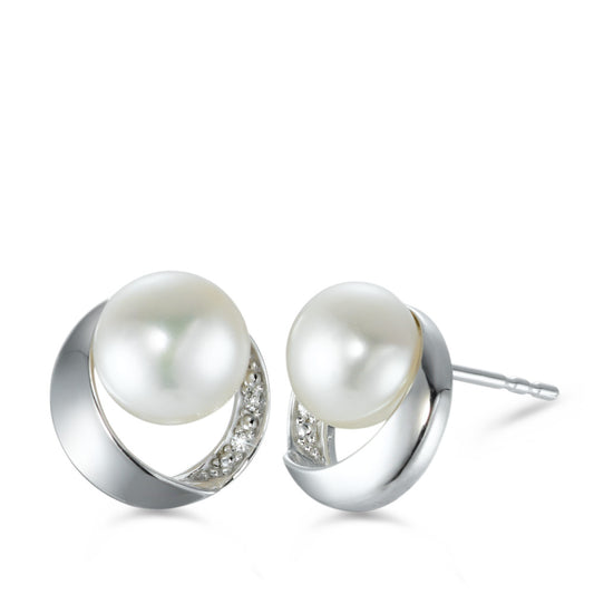 Clous d'oreilles Or blanc 18K Diamant 0.02 ct, 4 Pierres, brillant, w-si perle d'eau douce Ø10 mm