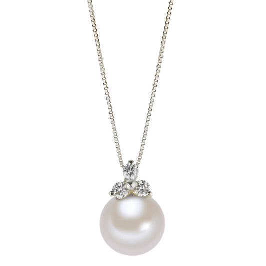 Collana Oro bianco 750/18 carati Zirconia 3 pietra Perla coltivata d'acqua dolce 42 cm