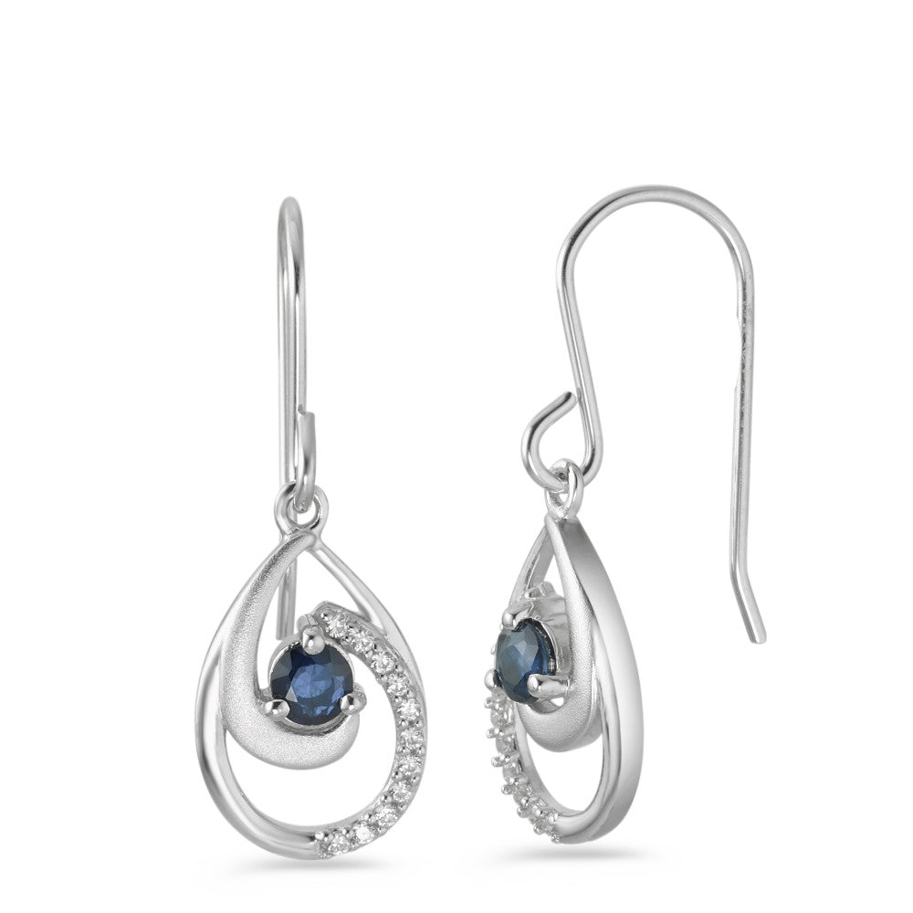 Pendant d'oreilles Argent Saphir bleu, 2 Pierres, Zircone blanc, 22 Pierres Rhodié