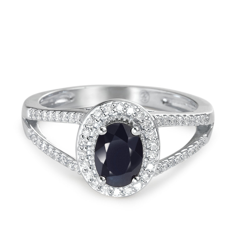 Fingerring 375/9 K Weissgold Saphir blau, 0.95 ct, oval, AAA, Diamant weiss, 0.23 ct, 12 Steine, w-pi1