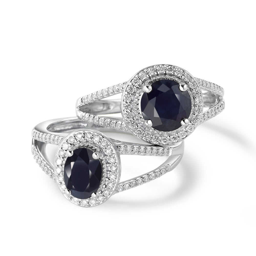 Fingerring 375/9 K Weissgold Saphir blau, 0.95 ct, oval, AAA, Diamant weiss, 0.23 ct, 12 Steine, w-pi1