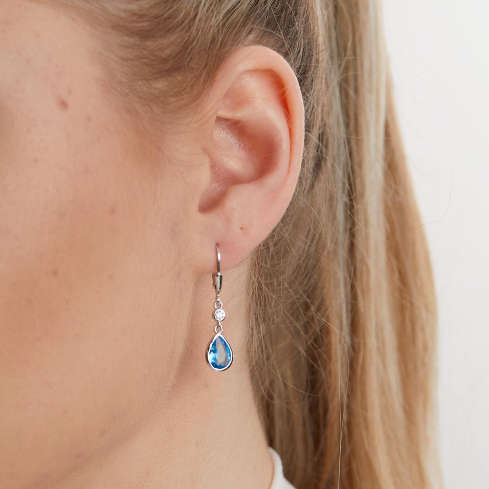 Drop Earrings Silver Zirconia Aqua, 2 Stones, drops, Zirconia White, 2 Stones Rhodium plated