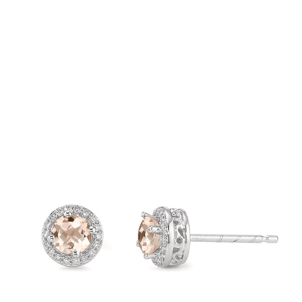 Stud earrings 9k White Gold Morganite Cognac, 0.54 ct, 2 Stones, round, Diamond White, 0.12 ct, 36 Stones, w-pi3 Ø6.5 mm