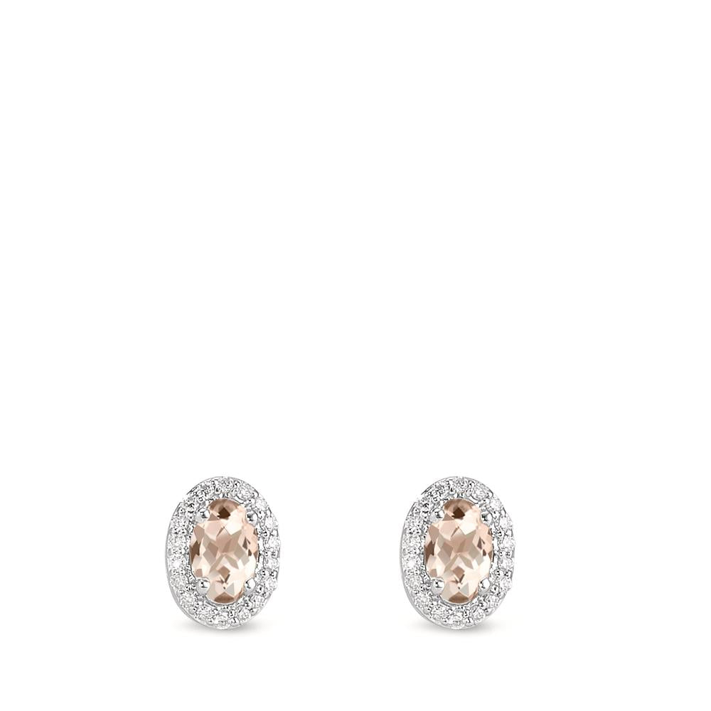 Clous d'oreilles Or blanc 9K Morganite champagne, 0.40 ct, 2 Pierres, ovale, Diamant blanc, 0.12 ct, 36 Pierres, w-pi3