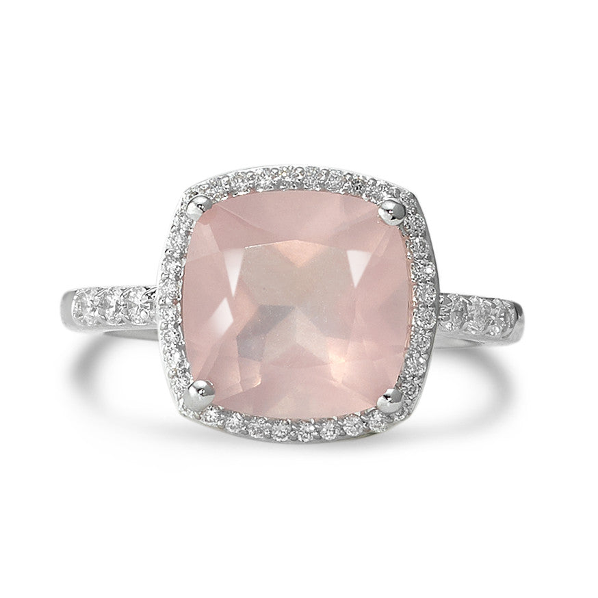 Fingerring 750/18 K Weissgold Rosenquarz rosa, Diamant weiss, 0.20 ct, 40 Steine, w-si Ø11 mm