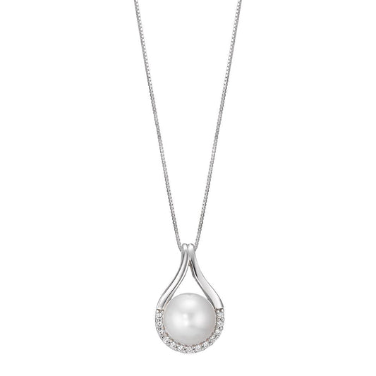 Collier Or blanc 18K Zircone 13 Pierres perle d'eau douce 42 cm
