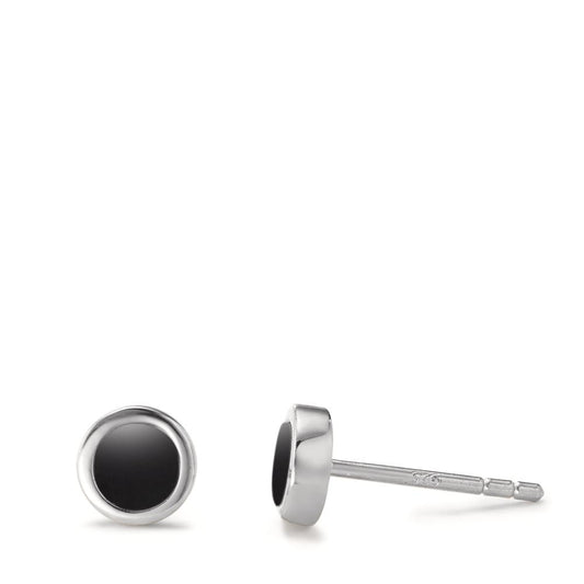 Stud earrings Silver Onyx 2 Stones Rhodium plated Ø6 mm