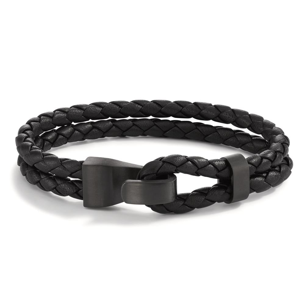 Lederarmband VADINO Lava Grey aus Edelstahl, Flechtleder schwarz, 23cm