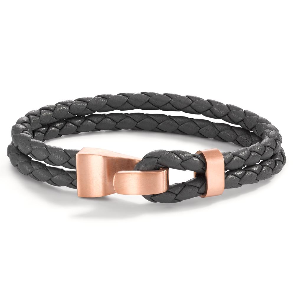 Lederarmband VADINO Roségold aus Edelstahl, Flechtleder SHADOW GREY, 23cm