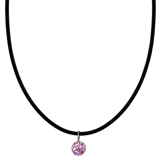 Collar Caucho, Acero inoxidable, Plata Circonita rosa 42 cm