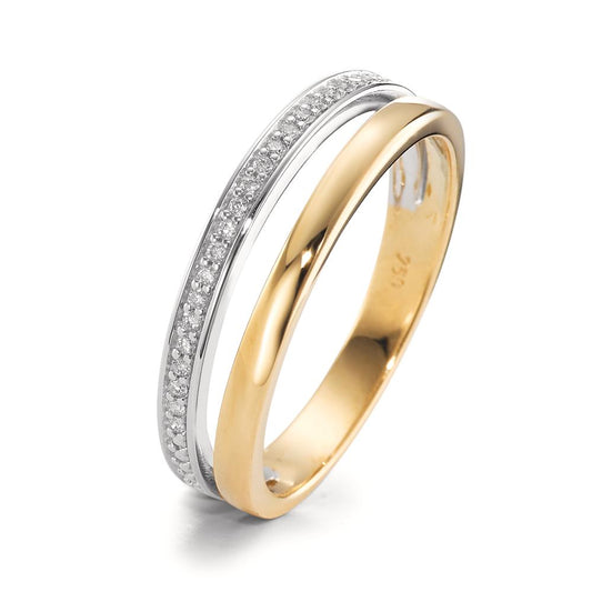 Fingerring 750/18 K Gelbgold, 750/18 K Weissgold Diamant 0.08 ct, 21 Steine, Brillantschliff, w-si