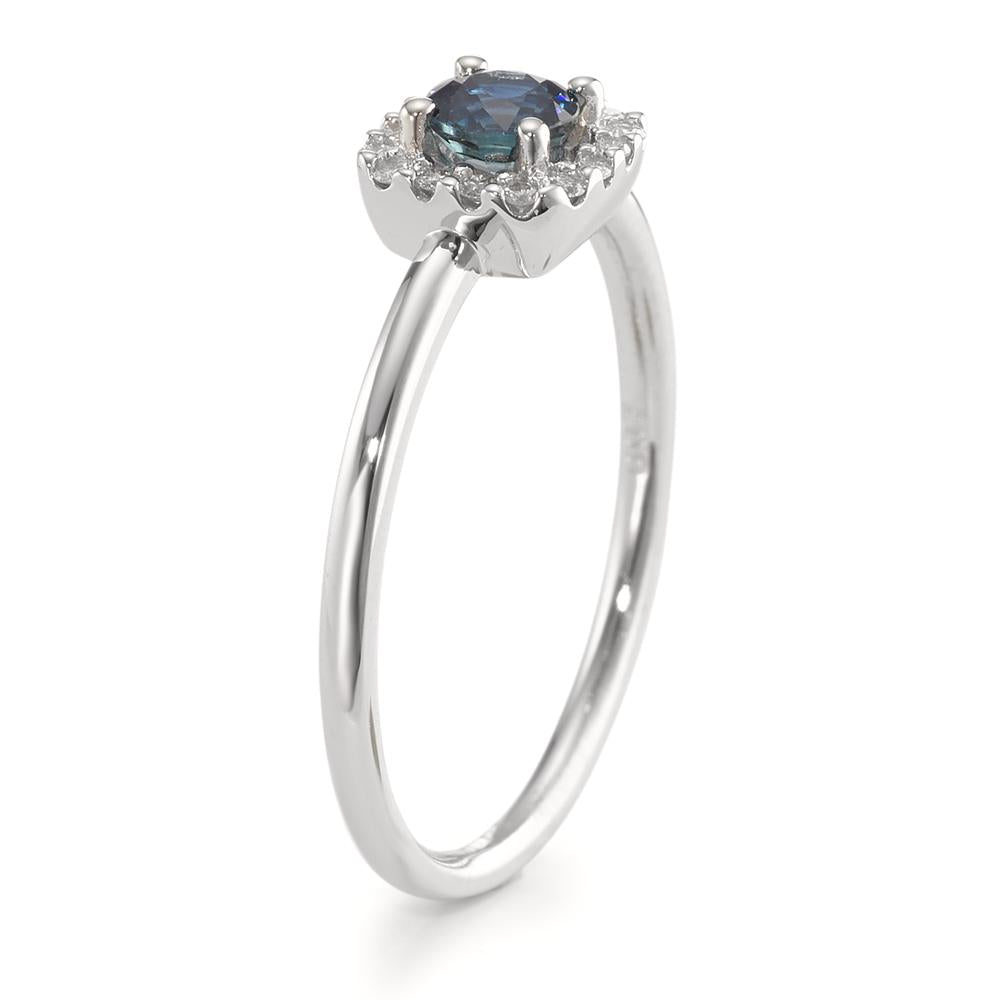 Solitär Ring 750/18 K Weissgold Saphir blau, Diamant weiss, 0.07 ct, 12 Steine, w-si