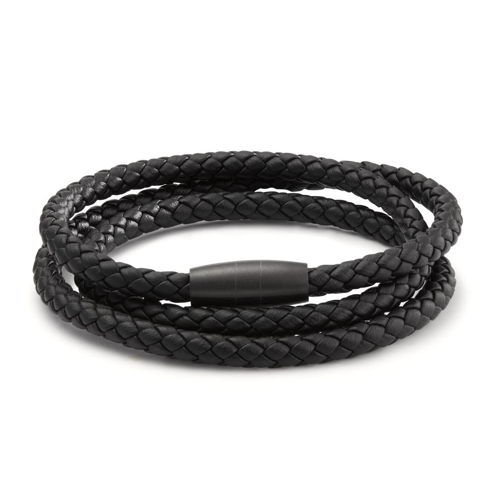 Lederarmband Ray, Ultra Black Magnetverschluss aus Edelstahl mit 3-fach gewickeltem Flechtleder schwarz, 21 cm