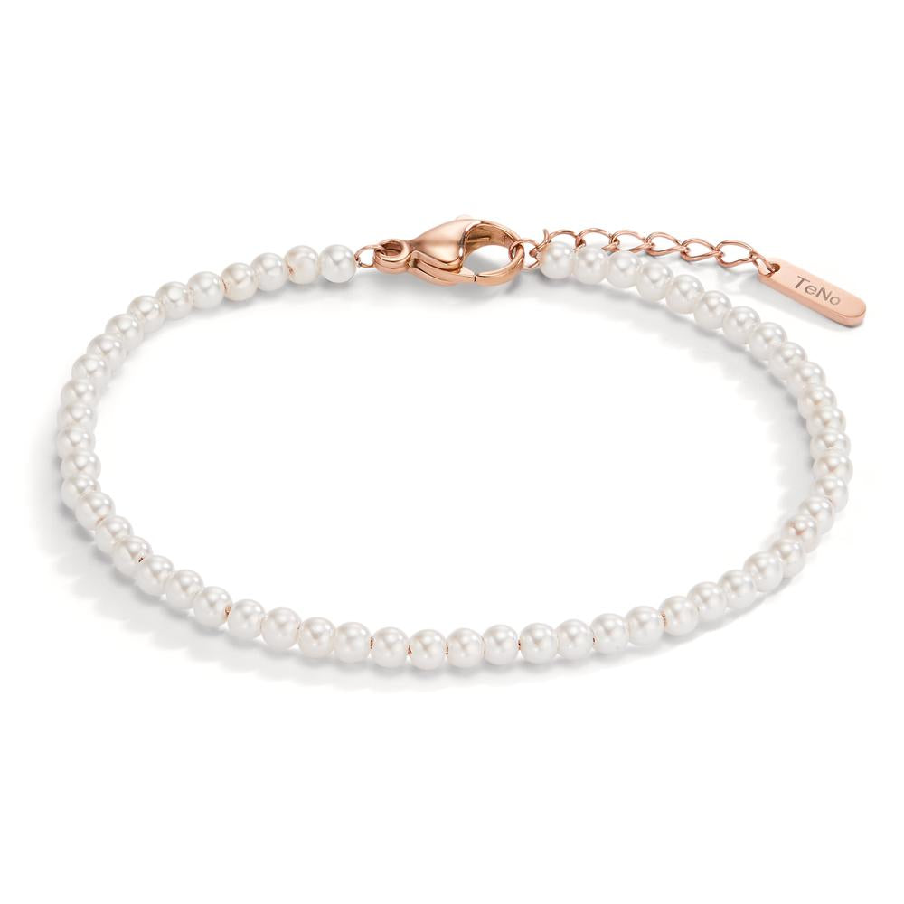 Armband Miyako Rosé aus Edelstahl mit weissen Muschelperlen, von 17,5 bis 19,5cm verstellbar.