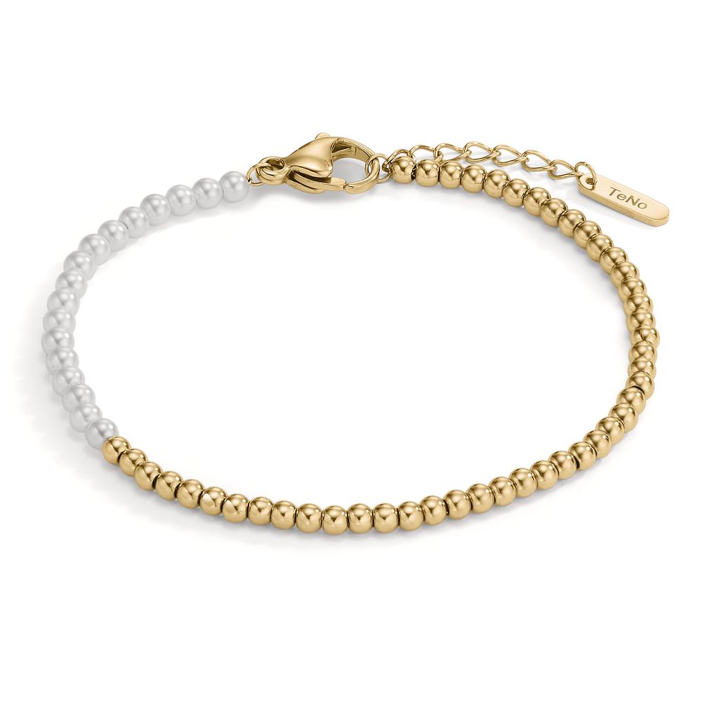 Armband Miyako Gold aus Edelstahl mit weissen Muschelperlen, 17,5- 19,5cm verstellbar Ø3mm