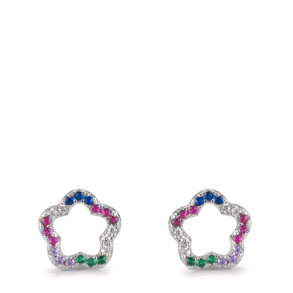 Clous d'oreilles Argent Zircone coloré Rhodié Fleur Ø9.5 mm