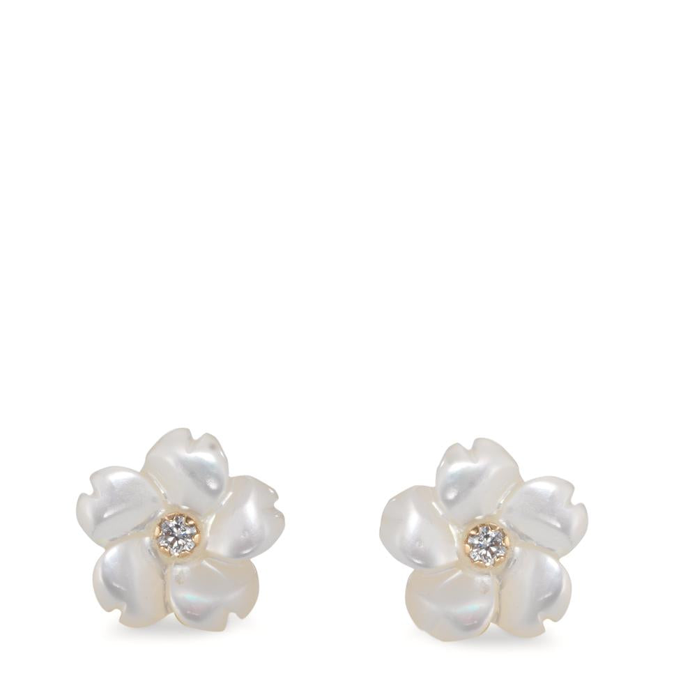 Clous d'oreilles Or jaune 9K Zircone 2 Pierres nacre Fleur Ø8 mm