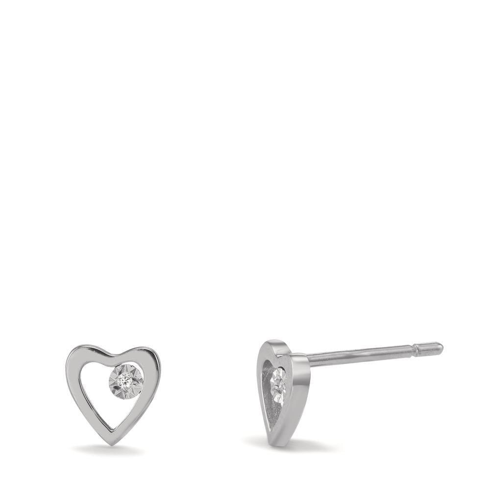 Stud earrings 18k White Gold Diamond 0.01 ct, 2 Stones, w-si Heart Ø6 mm