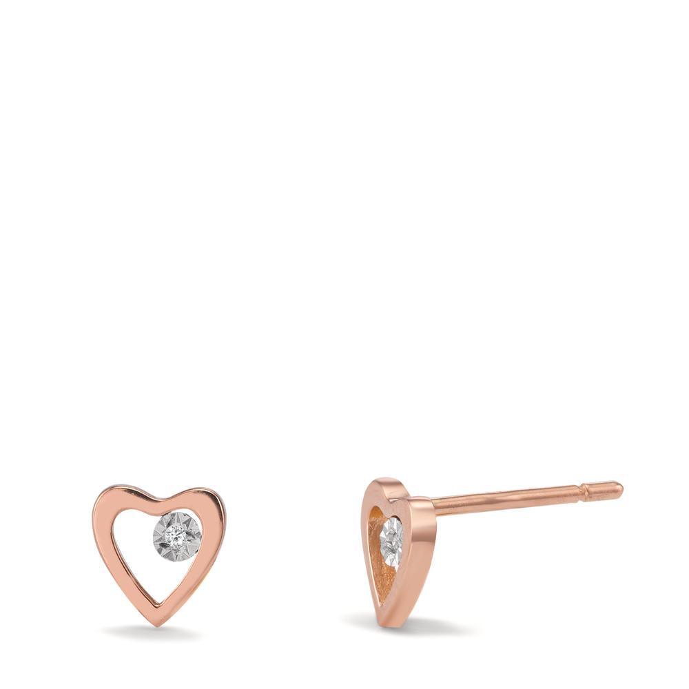 Stud earrings 18k Red Gold Diamond 0.01 ct, 2 Stones, w-si Heart Ø6 mm