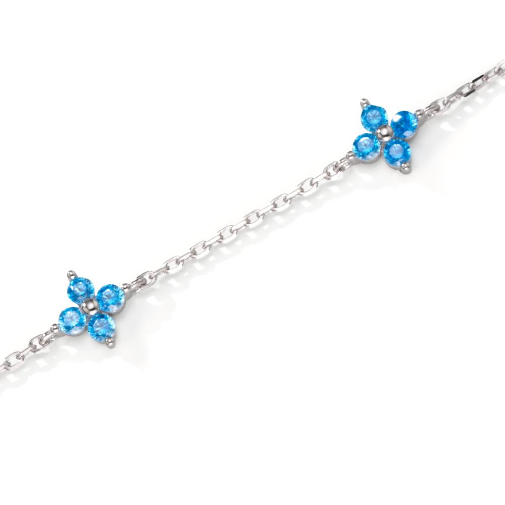 Pulsera Plata Circonita azul, 12 piedras Rodio plateado Flor 17-20 cm