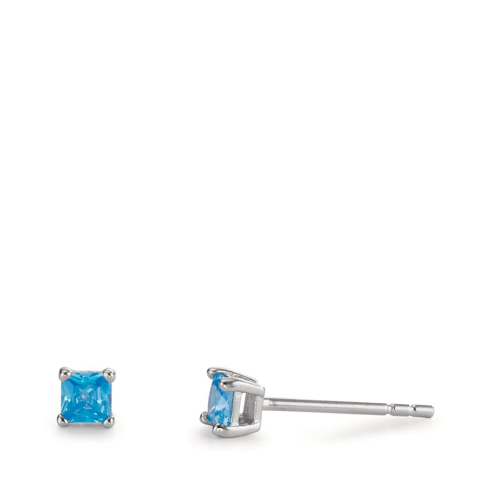 Clous d'oreilles Argent Zircone bleu, 2 Pierres Rhodié Ø3.5 mm