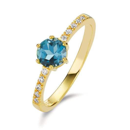 Anillo de dedo Oro amarillo de 375/9K Topacio azul de Londres, Circonita 10 piedras