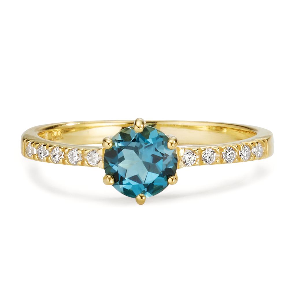 Fingerring 375/9 K Gelbgold London Blue Topas, Zirkonia 10 Steine