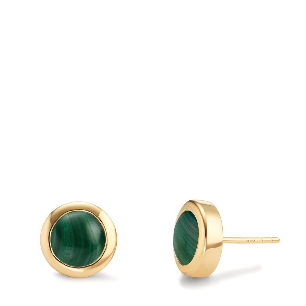 Stud earrings Silver Malachite 2 Stones Yellow Gold plated Ø10 mm