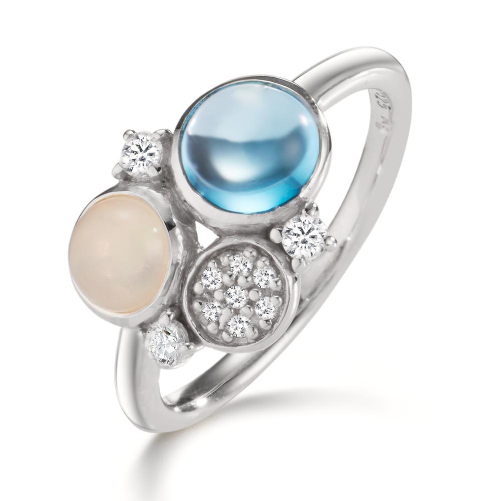 Fingerring Silber Zirkonia, Topas blau, Opal rhodiniert