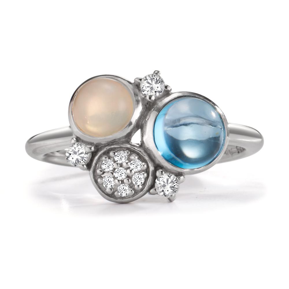 Fingerring Silber Zirkonia, Topas blau, Opal rhodiniert