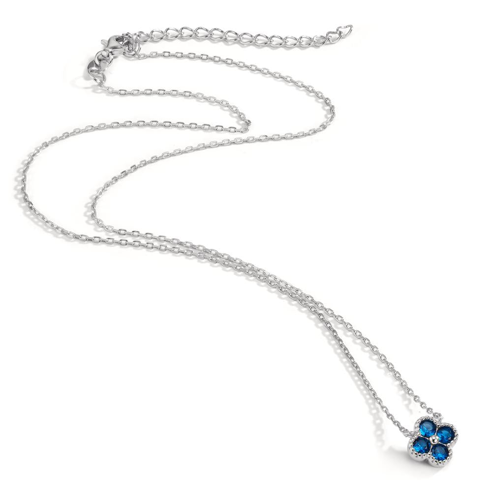 Collier Argent Zircone bleu, 4 Pierres Rhodié Fleur 40-45 cm