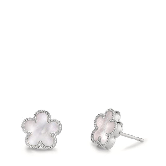 Stud earrings Silver Zirconia Rhodium plated Mother of pearl Flower Ø10 mm